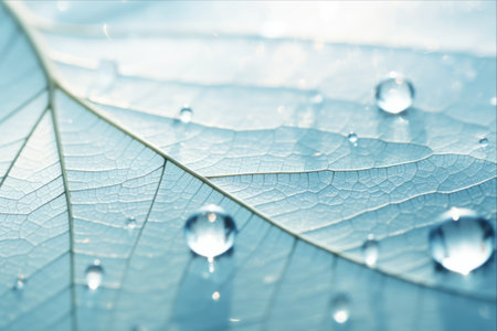 Enchanted Elegance: A Mesmerizing Macro Close-Up of a White Transparent Skeleton Leaf on a Turquoise Abstract Background, Adorned with Shimmering Water Dew Drops and Circular Bokehの素材