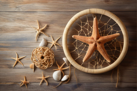 Nautical Charm: Wooden Steering Wheel, Starfish, and Fishing Net Adorned on Rustic Wooden Wall Backgroundの素材