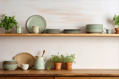 Vintage Charm: A Cozy Kitchen with Wooden Tabletop, Decorative Shelves, and Green Plantsの素材