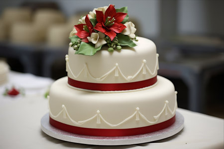 Elegant Harmony: A Stunning Wedding Cake Adorned with a Green Ribbon and Vibrant Red Flowerの素材