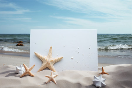 Coastal Charm: A White Wood Board Adorned with Starfish on a Sandy Beachの素材