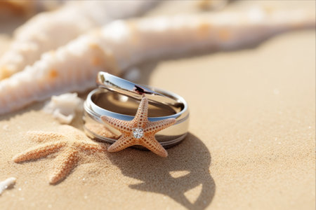 Serenity by the Shore: Captivating Outdoor Beach Wedding with Wedding Rings on Sand and Starfishの素材
