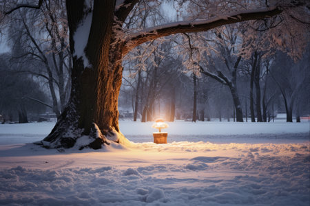 Enchanting Winter Wonderland: A Glowing Lantern Amidst Snow-Covered Tree Trunk and Lawn in an Evening City Park - AR 3:2の素材