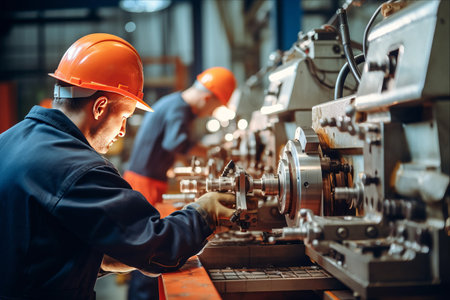 Ensuring Precision and Safety: Skilled Workers Utilize Safety Goggles to Control Lathe Machines in Metal Lathe Industrial Manufacturing Factoryの素材