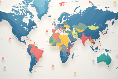 Exploring the Colorful World: A Multi-Location World Map with Color Pointers (Aspect Ratio: 3:2)の素材