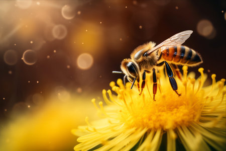 A Buzzing Bee's Vital Mission: Pollen Collection from Dandelions Ensures Environment's Ecological Balance and Sustainabilityの素材