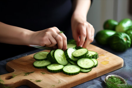 Captivating Closeup of a Woman Expertly Cutting Cucumber on a Cutting Boardの素材