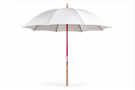 Refreshing Escape: White Beach Umbrella Transported to Paradise, Isolated on White Backgroundの素材