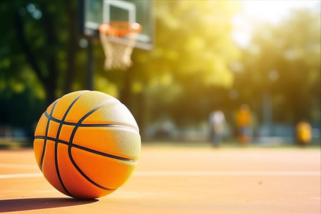 Sunny Day Slam Dunk: A 3:2 Aspect Ratio Snapshot of a Yellow Basketball Ball and Hoop on a Sports Ground in the Parkの素材