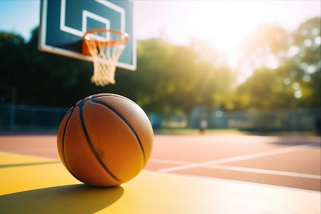 Sunny Day Slam: Yellow Basketball Hoop and Net Gracing Sports Ground in Parkの素材