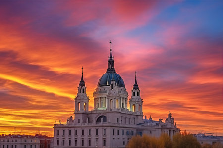 Capturing the Majestic Almudena Cathedral at Dusk: A Vibrant Sunset Unveiling Madrid's Influential Catholic Landmarkの素材