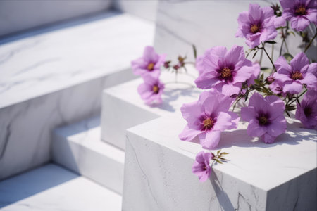 Stunning Contrasts: White Cement Elements and Vibrant Purple Flowers Steal the Show --AR 3:2の素材