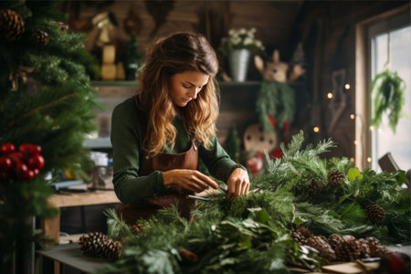 Festive Creation: A Woman Crafting a Beautiful Christmas Wreath --ar 3:2の素材