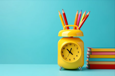 Back to School Essentials: Vibrant Yellow Pencil Holder and Alarm, Accentuated by Colorful Stationery Supplies on a Blue Backgroundの素材