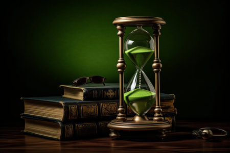 Timeless Knowledge: A Study of Hourglass and Books on Green Tableの素材