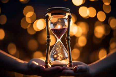 Eternal Time: Symbolizing Life's Crucial Milestones in an Hourglass Grasped by a Woman's Hand on a Hazy Illuminated Backgroundの素材