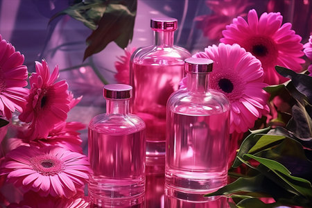 Magenta Reverie: A Biophilic Celebration of Gerbera Flowers, Exotic Leaves, and Reflective Glass Jars in Viva Magenta Color of the Year 2023の素材