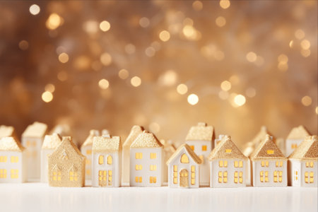 Golden Glow: Festive White Miniature Houses amidst Snowfall and Bokeh Lights on a Christmas Holiday Landscape Bannerの素材