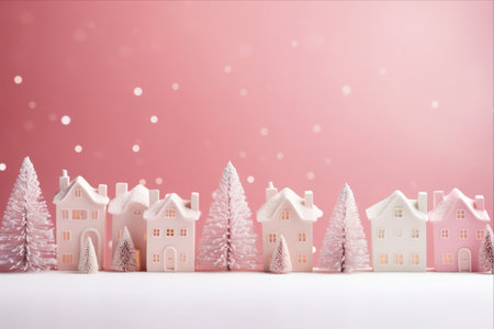 Festive Christmas Village: Enchanting Pastel Pink Palette with Miniature White Houses, Snowfall, and Bokeh Lightsの素材