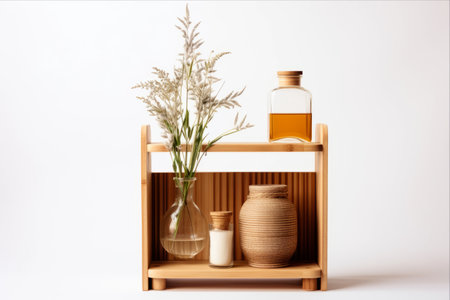 Naturally Chic: A Wooden Book Shelf with Floral Accents and Aromatic Reed Diffuser on a Crisp White Backgroundの素材