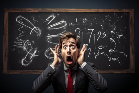 Expressive Gesture: Man Drawing an Exclamation Mark on a Blackboardの素材