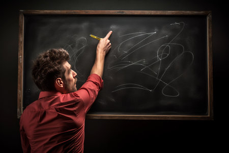 Unveiling the Power of Expression: A Man Drawing an Exclamation Mark on a Blackboardの素材