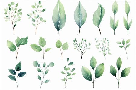 Mesmerizing Watercolor Floral Collection: Captivating Botanic Illustrations with Vibrant Green Wild Leaves for Wedding Invitations, Greetings, Wallpapers, Fashion, and more!の素材