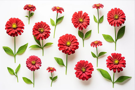 Enchanting Zinnia Flower Arrangement: Vibrant Reds Blossoming on a Serene White Canvasの素材
