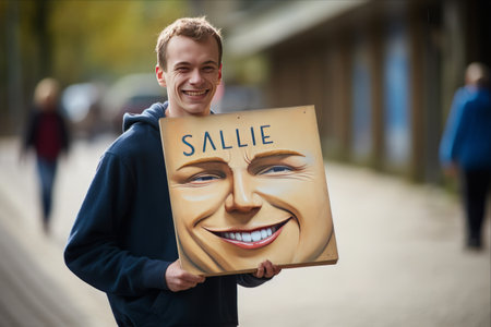 Spreading Happiness: A Man Holding a Sign with the Encouraging Title 'Smile' - AR 3:2の素材