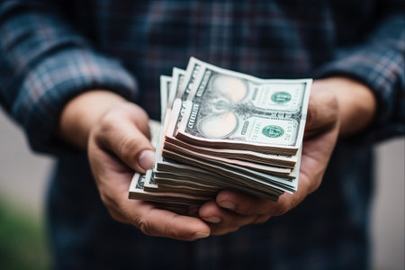 The Significance of Financial Stability: A Man's Firm Grip on a Stack of Dollar Banknotes Represents Essential Factors in Personal and Business Lifeの素材