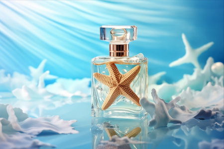 Enchanting Fragrance: A Mesmerizing Blend with Starfish and Seashells on a Serene Blue Water Textureの素材