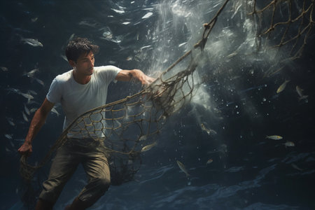 The Aquatic Pursuit: Man in Blue Shirt and Gray Shorts Throwing a Fish Net in Waterの素材