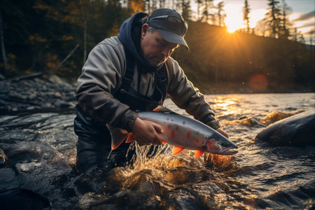 The Catch and Release: Man Successfully Hooks and Releases Fresh Coho Salmon into the Egegik Riverの素材