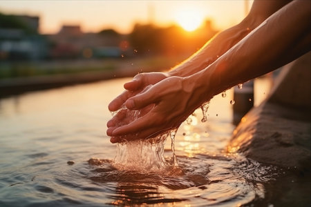 Embracing the Serenity: Harnessing the Power of Water Washing for Purity and Protection at Sunsetの素材