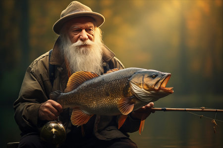 A Seasoned Angler's Triumph: Catching a Majestic Carp on the Fishing Rod - ar 3:2の素材