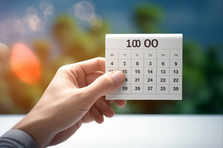 The Enchanting Dance of Time: Illuminated Finger Switches Highlighting the 10th of May on a Sunlit Office Calendarの素材