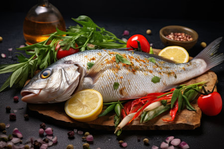 The Perfect Blend: Mediterranean Fish Bream Infused with Spices, Salt, Herbs, Garlic, and Lemon - A Delightfully Healthy Seafood Fusion!の素材