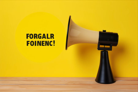 Unmissable Megaphone Message: DON'T FORGET! Vibrant Reminder on Yellow Wooden Backgroundの素材