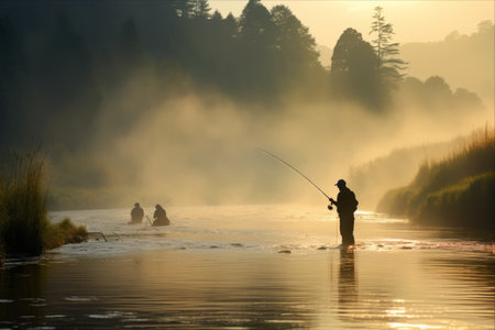 Misty Morning Moments: Serene Summer Fly Fishing by the Riverの素材