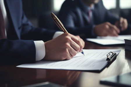 Sealing the Deal: Businessperson Passes Crucial Documents in the Corporate Meeting Roomの素材