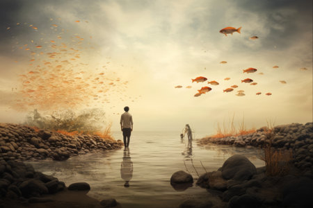 Fishing Expedition: Men Heading Towards the Seashore with a Catchの素材