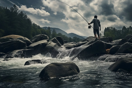 Rugged Mid-Adult Man Mastering the Art of River Fish Catching on a Rockの素材