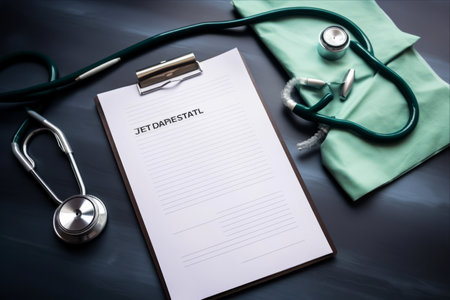 Essential Health Care: Insights from TEST REPORT - A Reminder of Importance with Table's Top View, Stethoscope, and Maskの素材