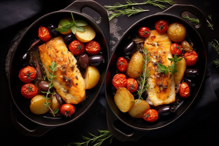 Delectable Top-View Presentation: Modern Fried Skrei Cod Fish Filet with Crispy Potatoes, Fresh Fruits, and Olives in a Stylish Design Cast Iron Panの素材