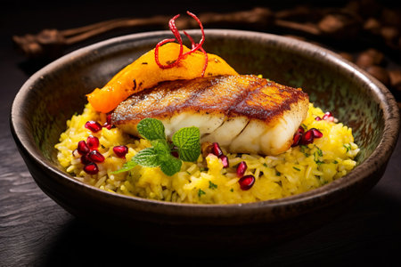 Captivating Fusion Delight: Exquisite Skrei Cod Fillet atop Persian Jeweled Saffron Rice Pilaf, Served in an Artfully Crafted Ceramic Bowlの素材