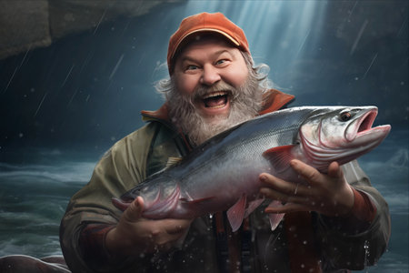 Captivating Moment: Fisherman's Joy as He Holds a Vibrant Pink Salmon in the Riverの素材