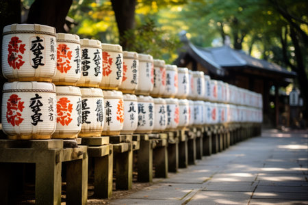 Sake Barrels: Symbolic Offerings at Tsurugaoka Hachimangu Shinto Shrine in Kamakura, Japanの素材