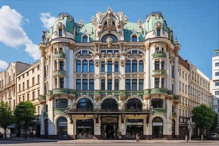 Capturing the Timeless Beauty: The Enchanting Facade of an Old Building Along Khreshchatyk Street in Kiev, Ukraineの素材