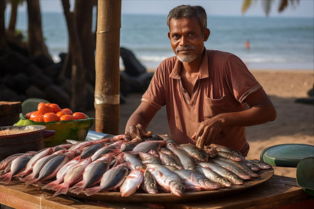 The Vitality of Fishing: An Unidentified Local Fisherman and His Fresh Catch at Kovalam Coast, Kerala, Indiaの素材