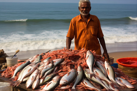 Fishing for Livelihood: Unidentified Local Fisherman at Kovalam Coast, Kerala, Indiaの素材